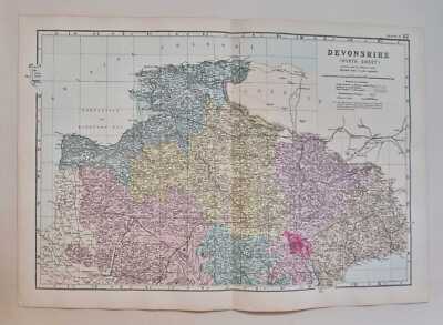 BACON County Map of Devonshire - North (1883 Original Antique Colour Print)