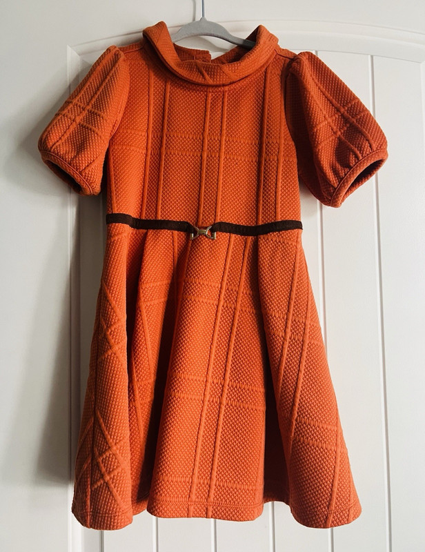 Janie and Jack Orange Girls Size 5 A-Line Knee Dress Collared Puff Bow Button