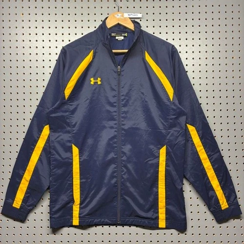 Under Armour Mens Windbreaker Jacket Navy Yellow Zip Up Mock Neck Small video thumbnail