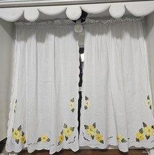 White Window Curtain Panels with Yellow Floral Embroidery, Scalloped Edges