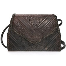 Vintage Handmade Tooled Leather Crossbody Purse Brown Embossed Western Boho Bag