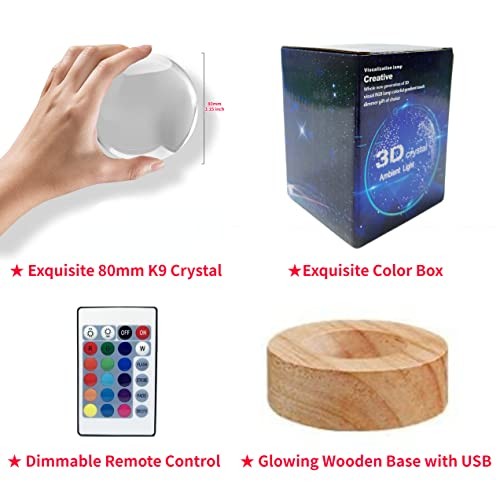 Soccer Crystal Ball Lamp,3.15 inch 3D K9 Crystal Ball Night Light with Wooden - Picture 6 of 8