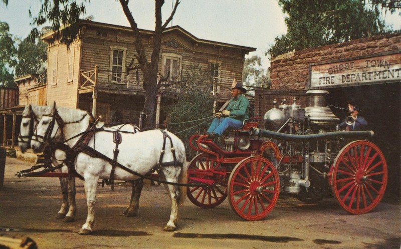 Ghost Town Fire Dept, Knotts Berry Farm, draft horse team postcard