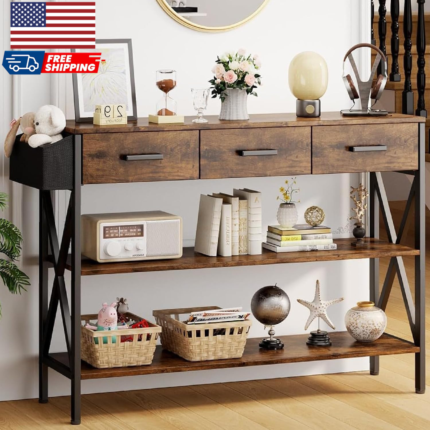 47" Entryway Table with 3 Drawers and 3 Tier Storage Shelves Industrial Narrow
