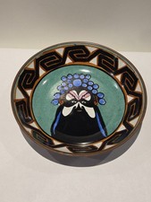 Chinese Opera Mask Porcelain Bowl Encased in Brass 9” with Wall Hanger Vintage