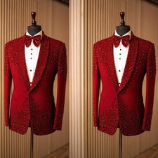 Men's Suits Burgundy Gradient Red Rhinestone Shawl Lapel Wedding Groom Tuxedo