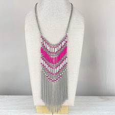 Bib Necklace Silver Tone  Pink Beaded Chain Western Barbie Fringe Y2K Boho