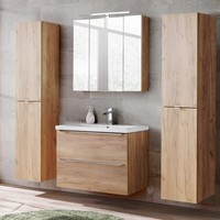 BadmöBel Set Eiche Mit 80Cm Keramik Waschtisch Led Spiegelschrank Hochschrank