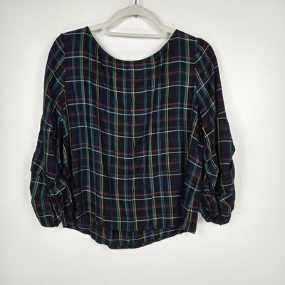 Current Air Plaid Gathered Sleeve Plaid Top Women's Size Medium NWT