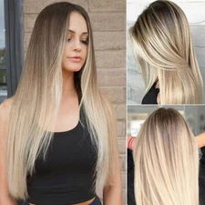 Ombre Blonde Women Real Long Straight Hair Wigs Ladies Natural Cosplay Full Wigs