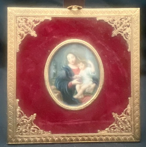 FOTOGRAFIA DIPINTA VINTAGE IN MINIATURA RITRATTO, BRONZO/VETRO, MADRE/BAMBINO c1920 vg - Foto 2 di 4