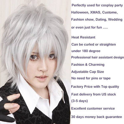 Boy Mens Anime 12Short Wig Cosplay Party Straight Hair Cosplay Full Wigs  Grey F