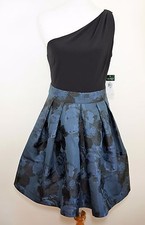 New LAUREN RALPH LAUREN Women's 14p Blue & Black One Shoulder Tea Cocktail Dress