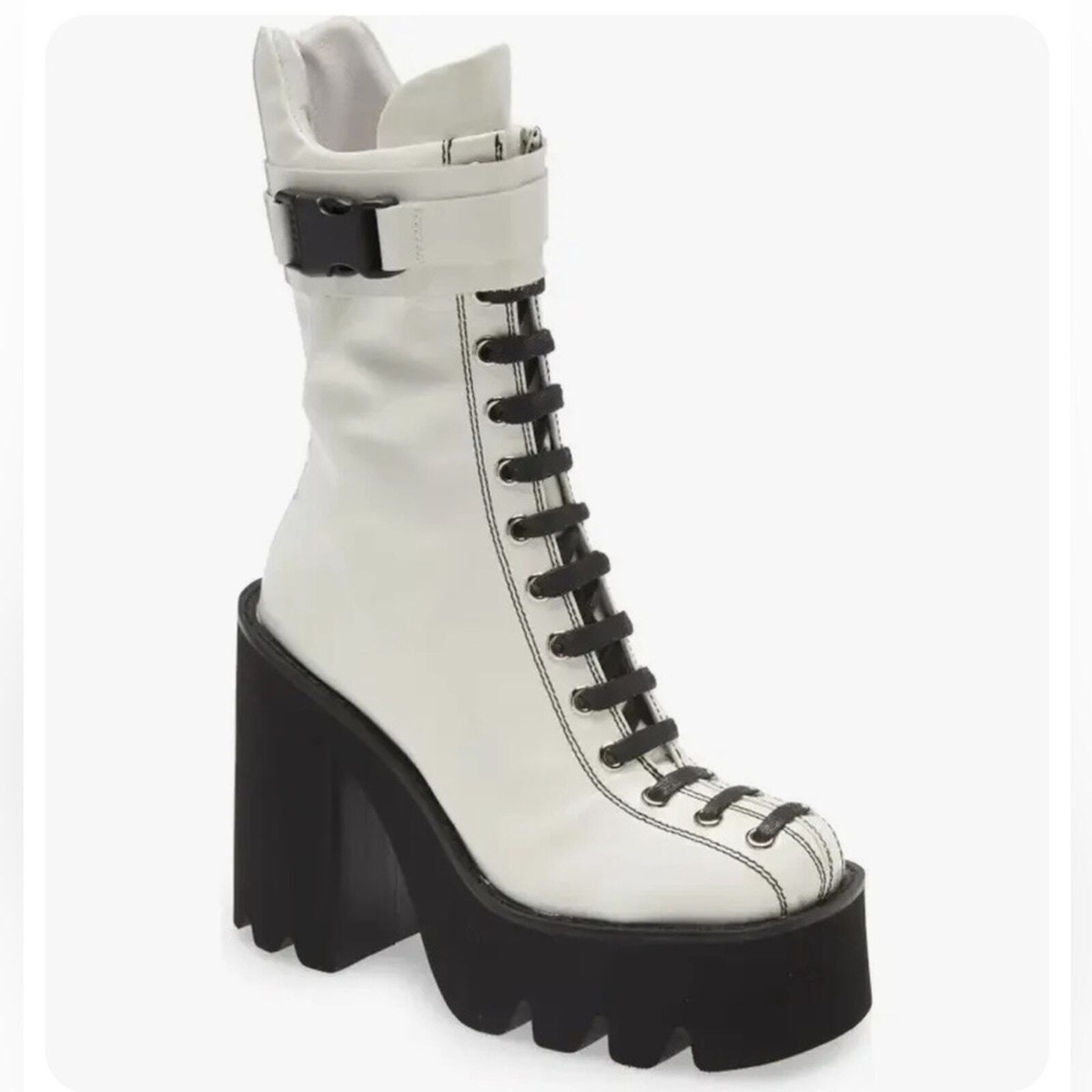 Jeffrey Campbell Viking White Leather Moto Platform Sole Buckle Combat Boot 