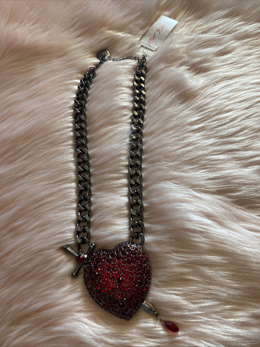 NWT Betsey Johnson GLAMPIRE HEART DAGGER Hematite Tone Red Glass Stones  Necklace