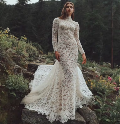 high neck long sleeve backless wedding dress Recy - High Neck Long Sleeve Crochet Guipure Lace Backless Gown main image 1
