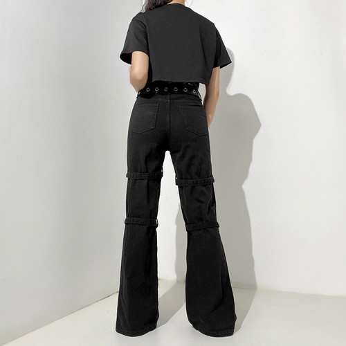 Pantalones de Carga Estampados Negros Hebilla Gótico Oscuro Harajuku Cintura Alta Punk Estilo Calavera - Imagen 5 de 8