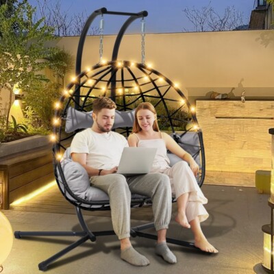 2-Person Hanging Egg Swing Chair with Stand, Wicker Outdoor Chair w/ Cushions