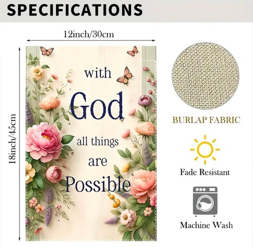 Garden Flag, God all things possible, 12” x 18”, thick Burlap, Double-sided - 第 7/7 張圖片