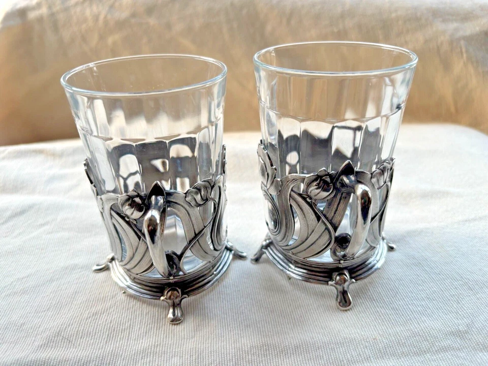 WMF 1910-1918 ART NOVEAU SILVER PLATE TEA GLASS HOLDER PAIR - Image 4 of 4