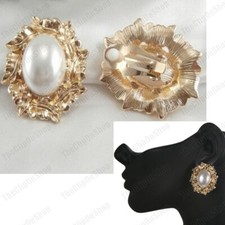 LARGE EARRINGS cabochon PEARL laurel leaves GOLD PLTD vintage TEXTURE big clips