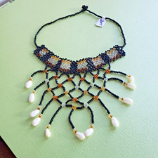 African- Maasai- Handmade Glass Bead  Shell Choker Necklace-Black- Kenya- New m