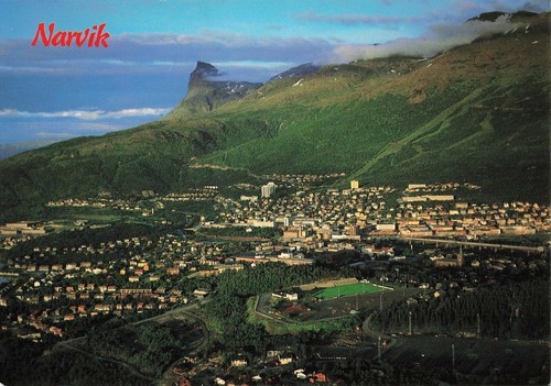 Cartolina d'epoca Narvik Norvegia veduta aerea montagne tra le nuvole - Foto 1 di 2