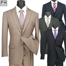 VINCI Men's Windowpane 3pc 2-Button Classic-Fit Suit - 38S-62L, 4 Colors - NEW
