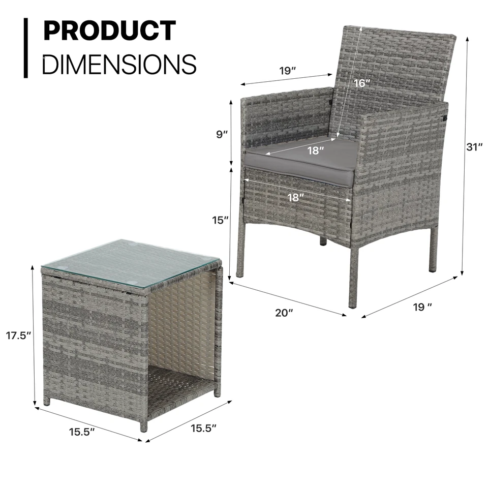 Juego de 3 piezas de muebles de mimbre sillas de ratán PE y mesa de vidrio templado con cojín blanco Foto 3 de 4