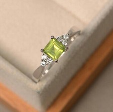 Green Peridot Ring Square Cut Gemstone Engagement Ring August Birthstone