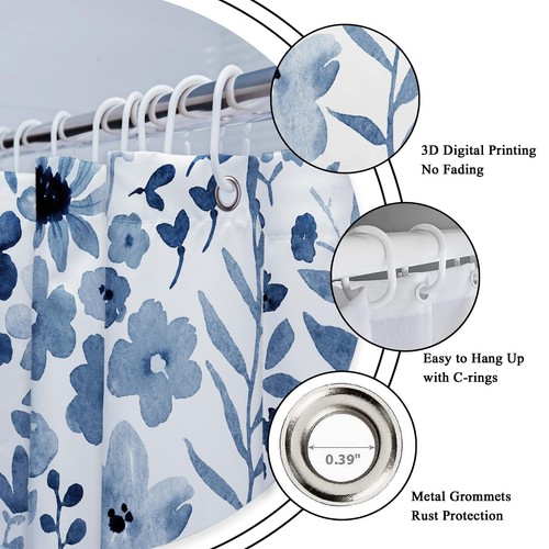 Marineblau Blumen 4 Stck. Badezimmer Duschvorhang Sets Rustikal Wildblumen Blätter B... - Bild 6 von 7