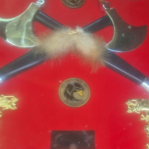 Framed Decorative Crossed Metal Axes Shadow Box w/ Dragons, Flags, Emblem