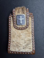 Western Leather Horse Hair Belt Clip Cell Flip Phone Holder w/Cross