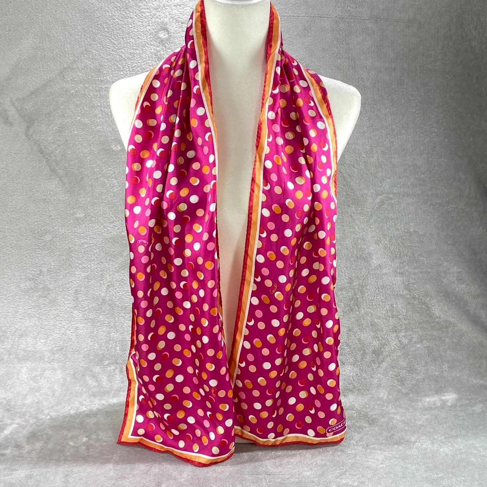 Coach Scarf Oblong Magenta Womens One Size Pink Orange Silk Polka Dot Classic
