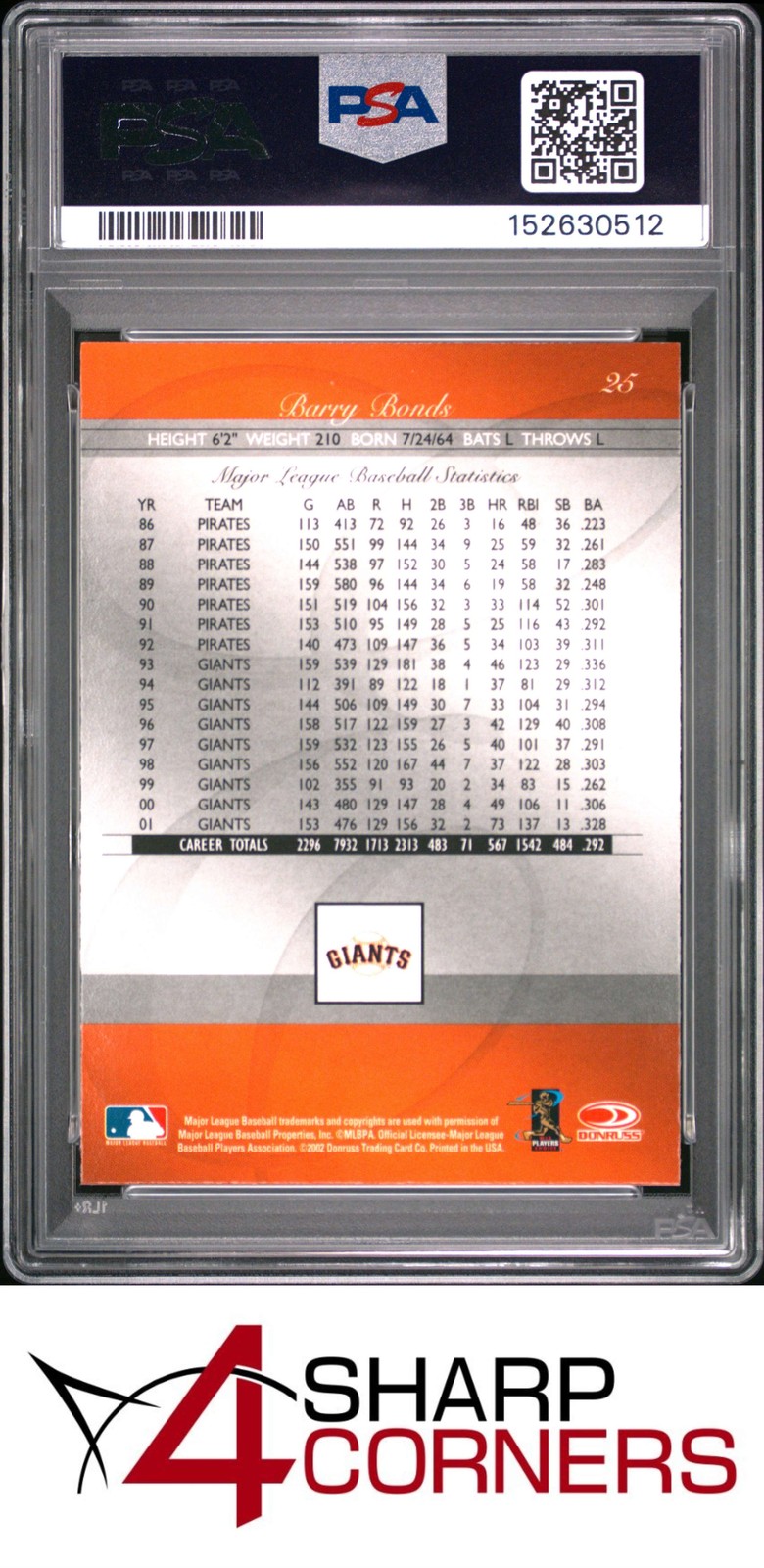 2002 DONRUSS ELITE #25 BARRY BONDS GIANTS PSA 10 view 2