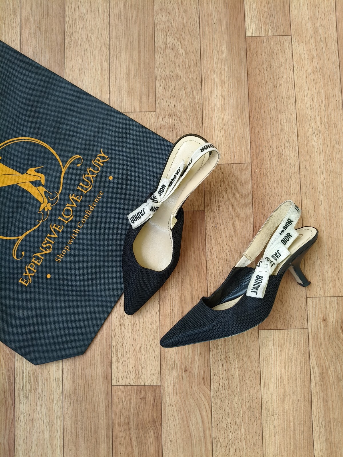 DIOR HEELS J'ADIOR SLINGBACK PUMP Black Technical Fabric Heel EU 38 US 8