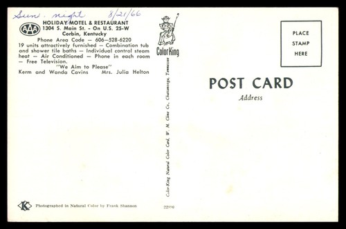 Postcard Holiday Motel Exterior View with Sign, Corbin, KY - Picture 2 of 2