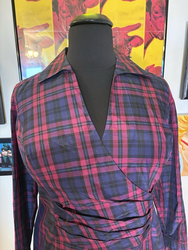 Talbots Petite 16WP Plaid Collared Long Sleeve Wrap Blouse Plus Size Runs Large
