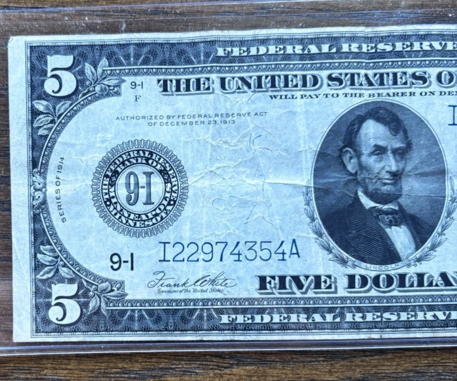 FR. 878 1914 $5 FIVE DOLLARS FRN FEDERAL RESERVE NOTE MINNEAPOLIS, MN VERY FINE - Image 2 of 4