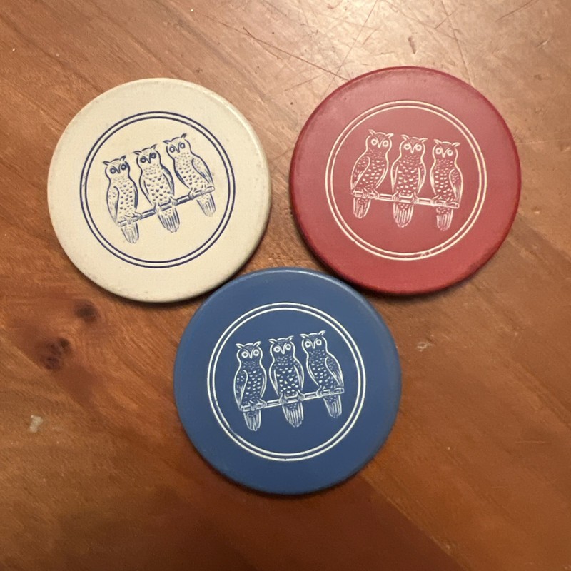 VINTAGE Engraved CLAY CASINO Owls Poker Chips - Set of 3 Red, white & Blue