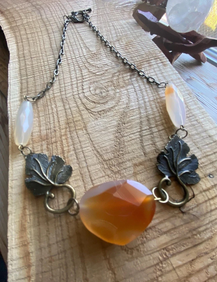 ÚNICO Hecho a Mano Ágata y Latón Hoja Distintiva Collar Joyería Artesanal Boho Foto 4 de 4