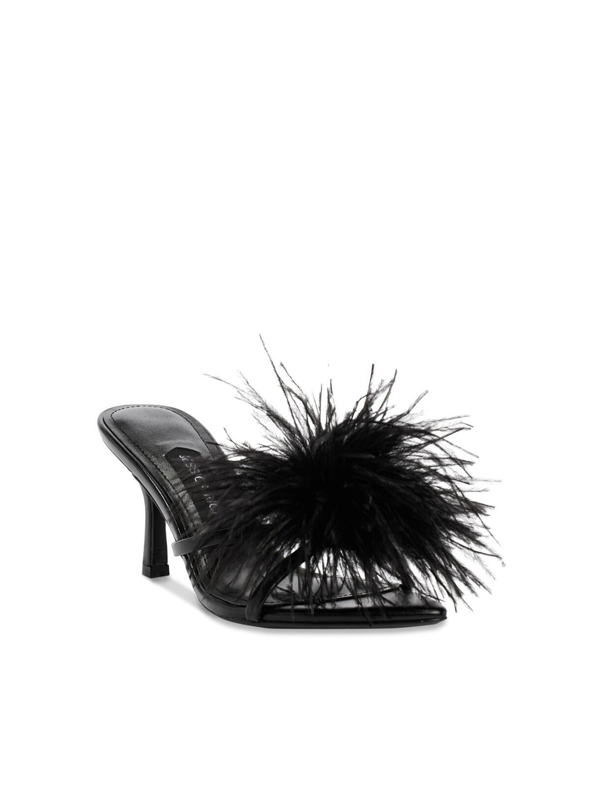 Женские босоножки на шпильке JESSICA RICH с черными перьями и маленовым носком на каблуке-слипоне 37