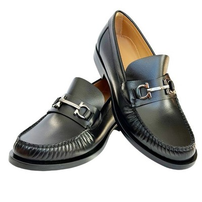 Ferragamo Loafers FORT Gancini Pebble Black Leather Calf Men's Dress Slip-on