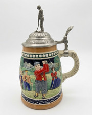 Vintage Hand Painted Ceramic Lidded Beer Stein w/ Hinged Pewter Lid Golfer