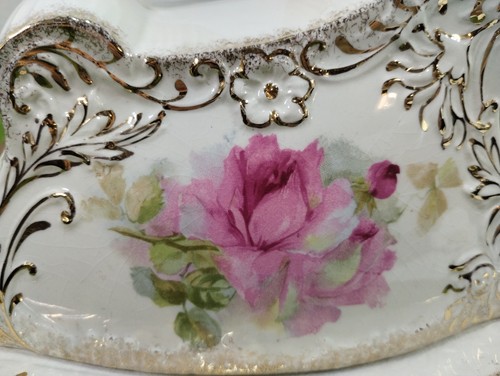Piatto e vassoio formaggio vintage coperto rose rosa bordo oro non marcato crepa - Foto 9 di 14