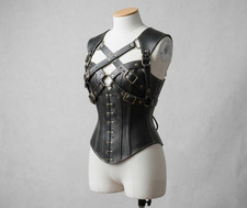 Custom Made Black Leather Corset Harness Adjustable Buckle Straps Handmade