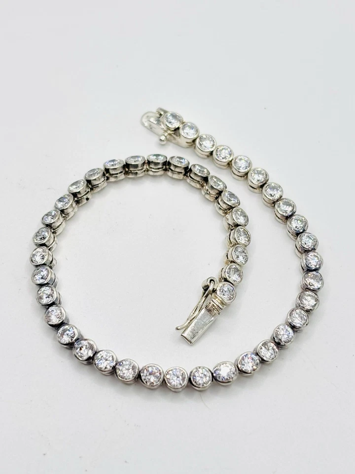 Pulsera Tenis Vintage Bisel Redondo Circonita Chapada en Rodio Plata 925 7.25" Foto 3 de 4