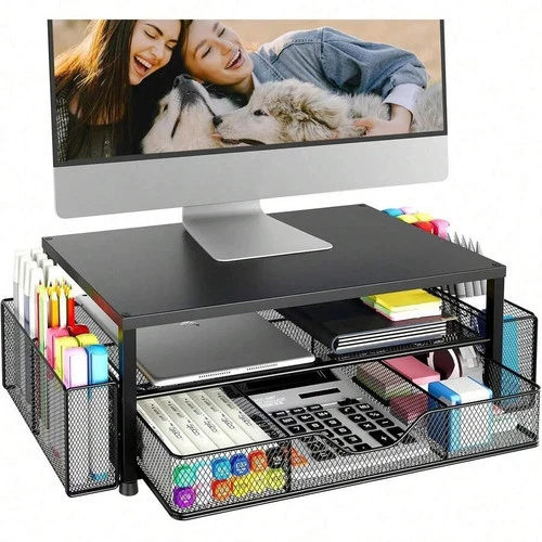 Desk Organizer 2-Tier Monitor Stand Riser Drawer Pen Holders Office