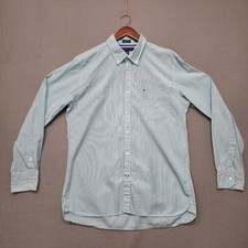 Tommy Hilfiger Men's Green Stripe Custom Fit 80's 2 Ply Long Sleeve Shirt Size L