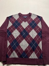Club Room Sweater Red V Neck Argyle Wool Knitted Grandpa Old Money Mens Sz Large